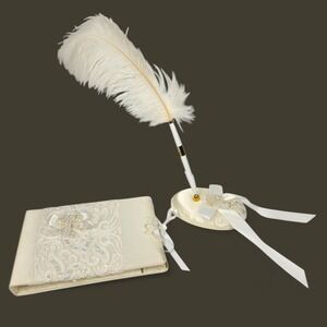 VTG Lillian Rose Ivory Lace Wedding Guest Book & Pen Set Pearl Rhinestone Rare